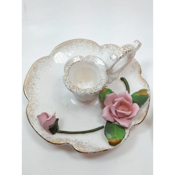Lefton Pink Rose Chamberstick Candle Holders Gold Sponged Accent Set of 2 Japan - Picture 2 of 9